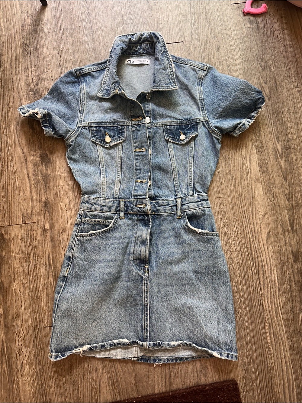 Zara Light Blue distressed Denim Mini Dress with Belted Waist